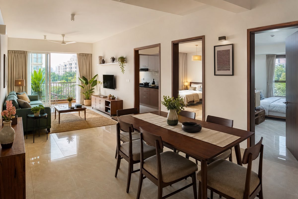Realistic spacious modern Indian 3BHK apartment interior