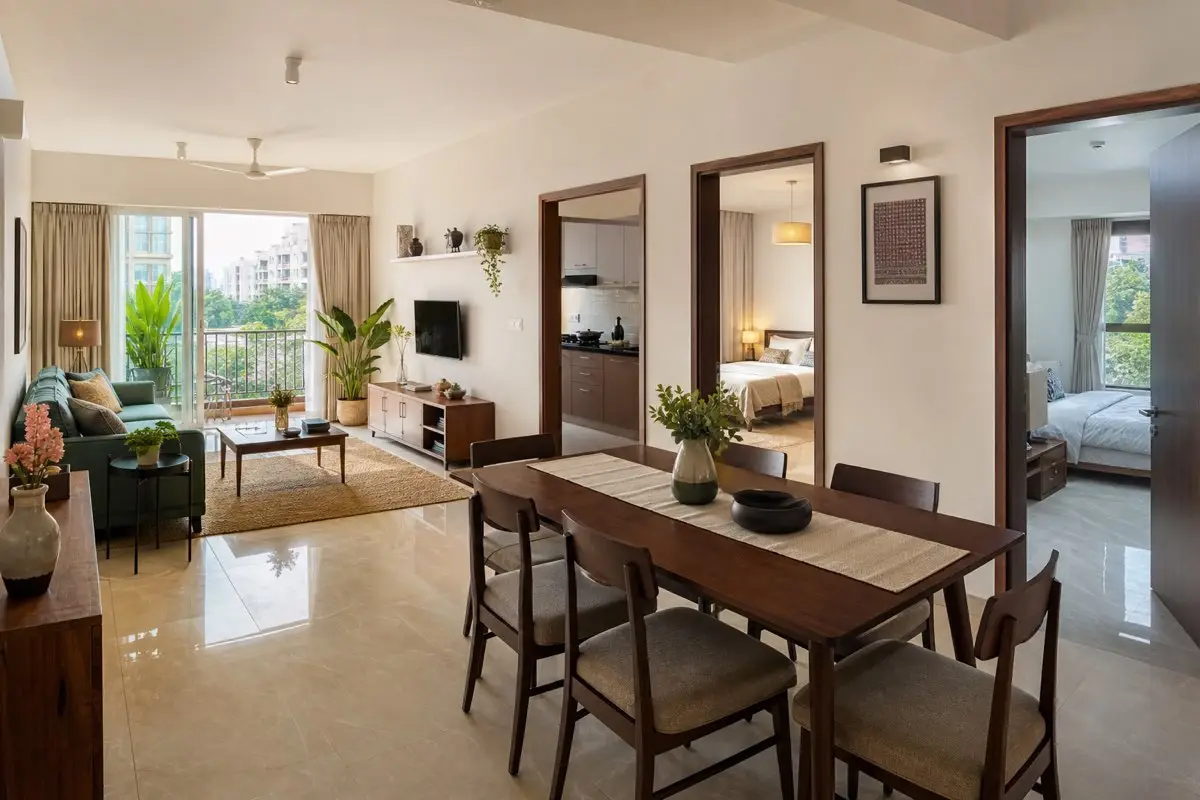 Realistic spacious modern Indian 3BHK apartment interior