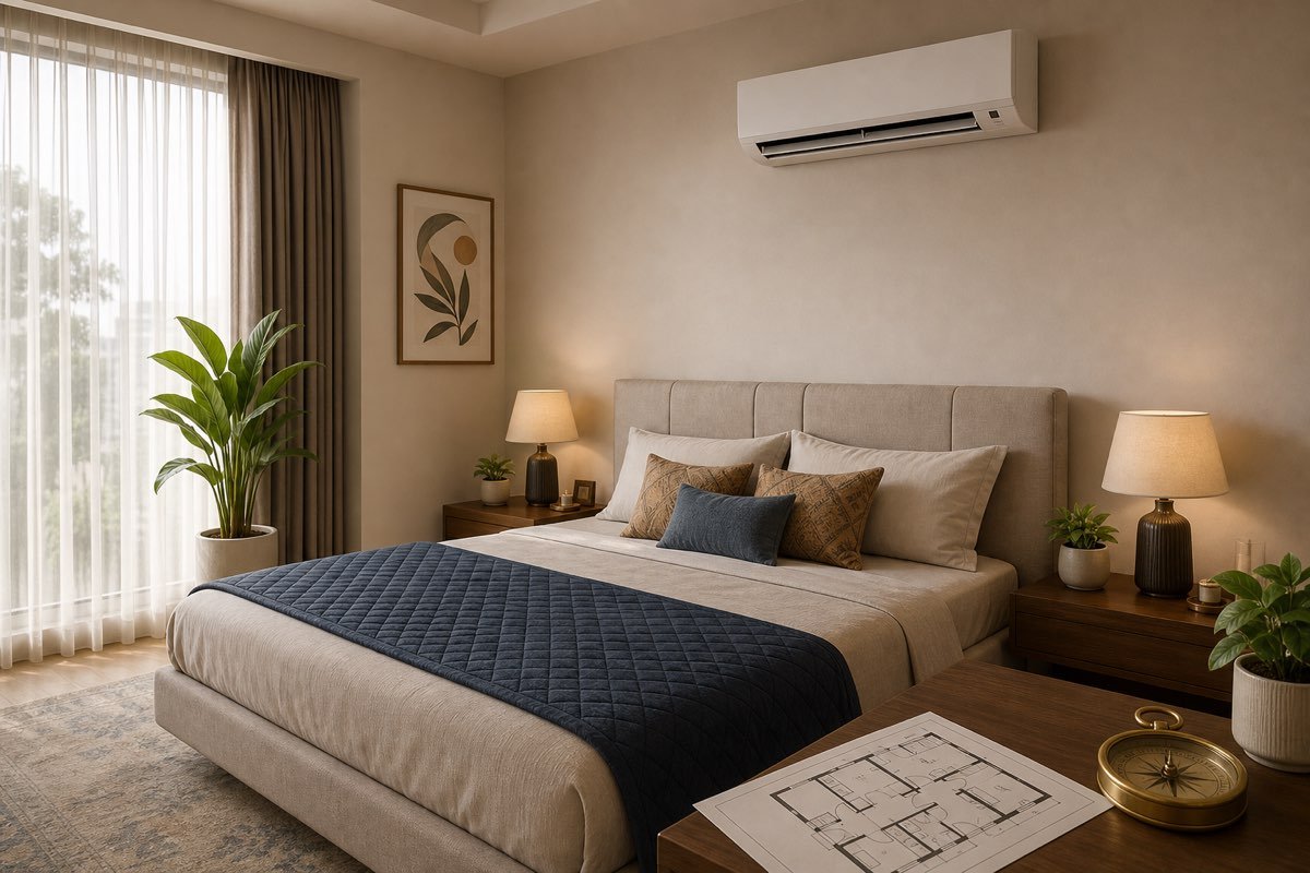 Realistic Indian bedroom with split air conditioner, floor plan and compass for AC Vastu placement