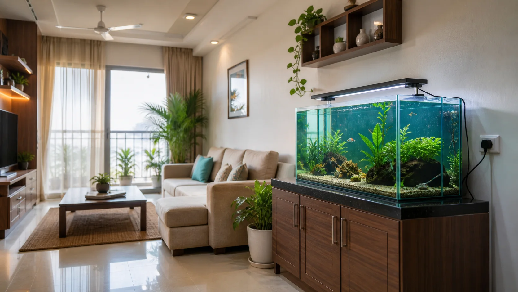 Modern Indian apartment living room with aquarium placed on a stable side-wall cabinet