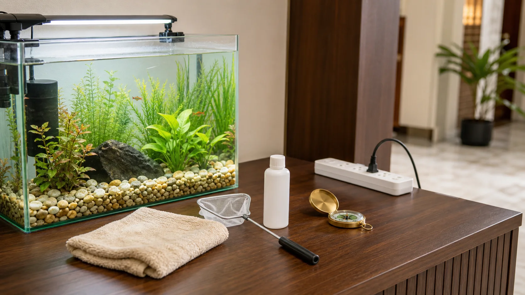 Aquarium maintenance setup with clean fish tank, compass, net, cloth, and safe power strip placement