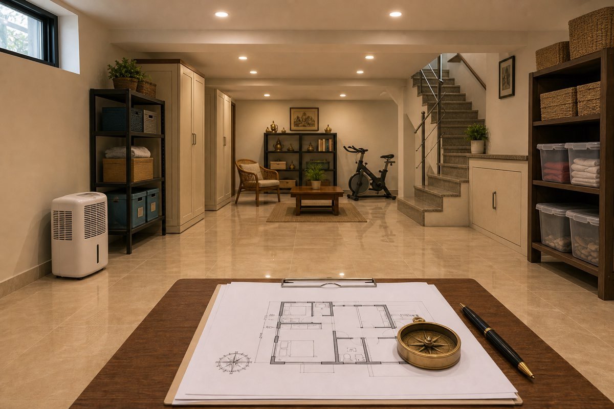 Realistic clean Indian residential basement with stairs, storage, ventilation, floor plan and compass