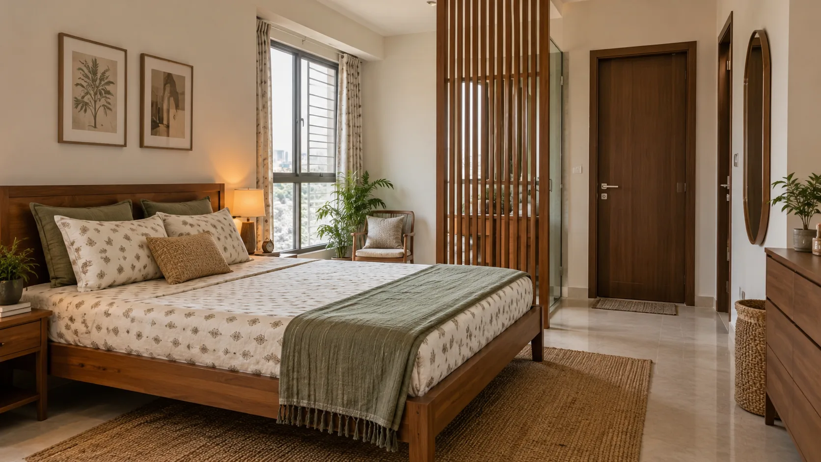 Illustrative Indian apartment bedroom with a closed attached bathroom door and a timber privacy screen beside the bed