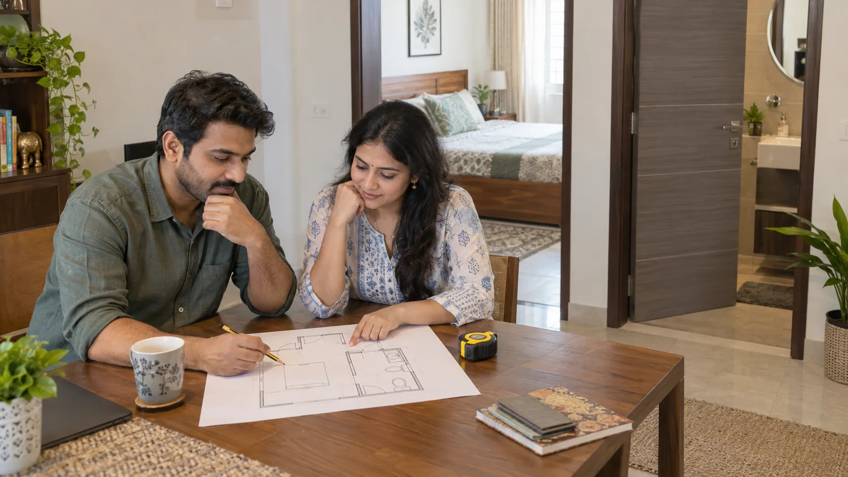 Illustrative Indian couple reviewing a bedroom and attached bathroom floor plan before moving furniture