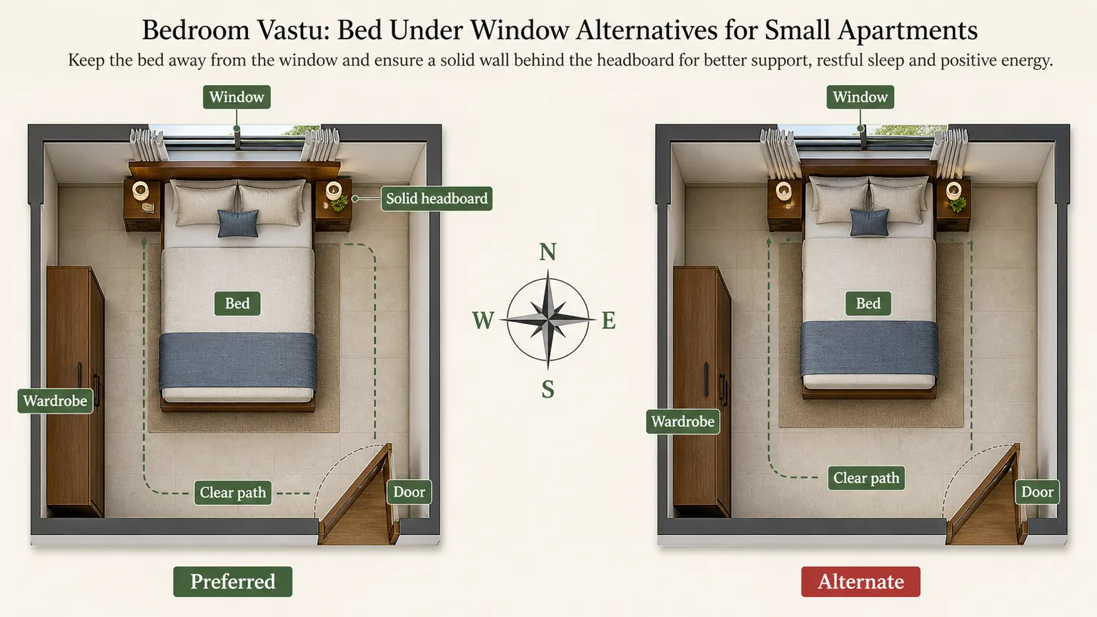 Realistic bedroom floor plan showing bed under window alternatives, clear path, wardrobe, door and compass directions