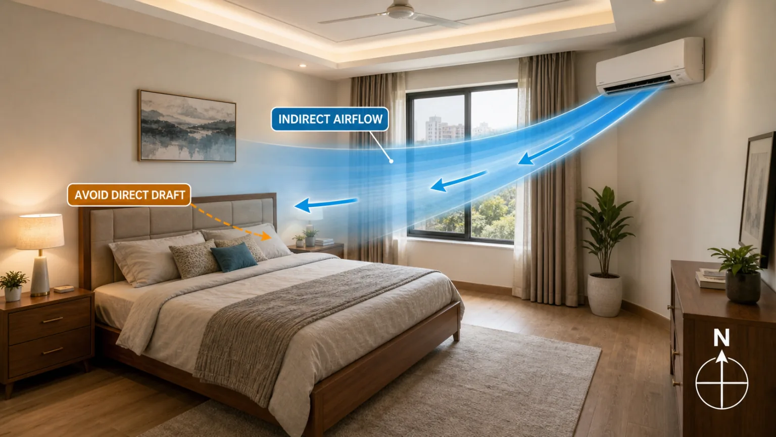 Realistic bedroom AC placement chart showing indirect airflow away from the pillows