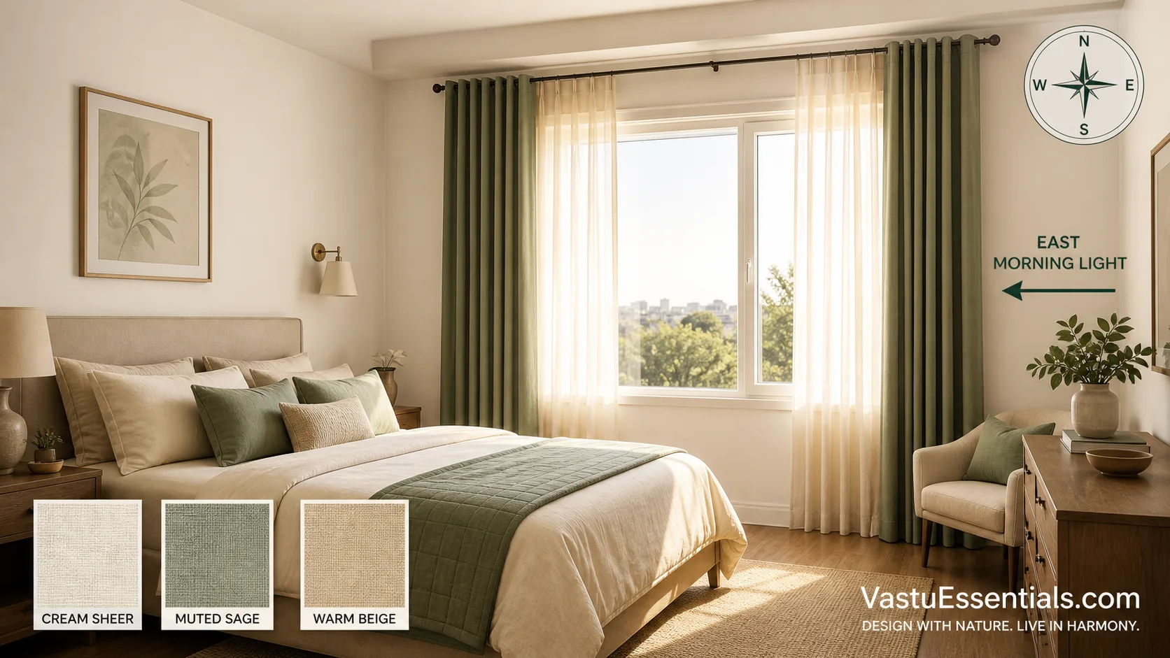 Realistic East-lit Indian bedroom with cream sheers, muted sage outer curtains, warm beige walls and labelled fabric swatches