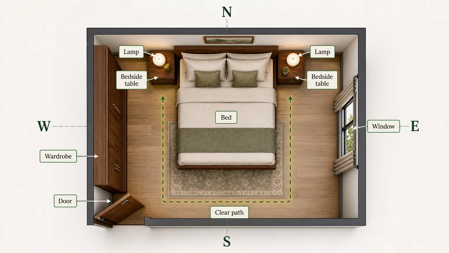 Realistic bedroom floor plan showing bed, bedside tables, lamps, wardrobe, door, window, compass directions and clear path