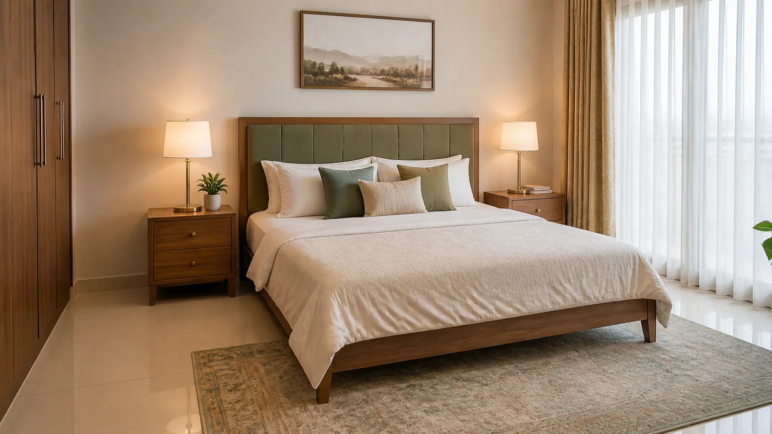 Realistic modern Indian bedroom with balanced bedside tables, warm lamps, wooden furniture and uncluttered sleep zone