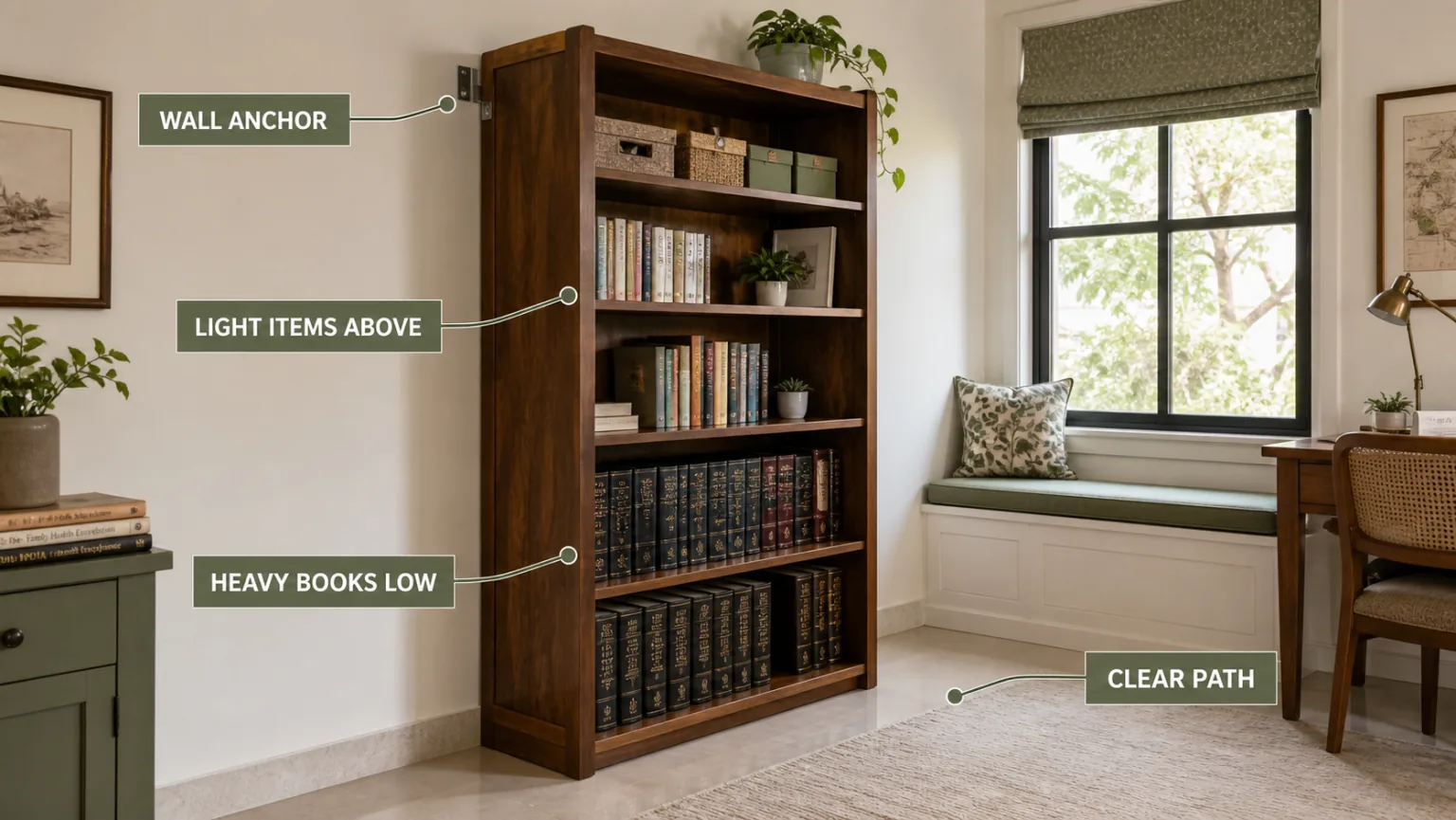Realistic bookshelf safety chart showing wall anchor, heavy books on low shelves, light items above and a clear walking path