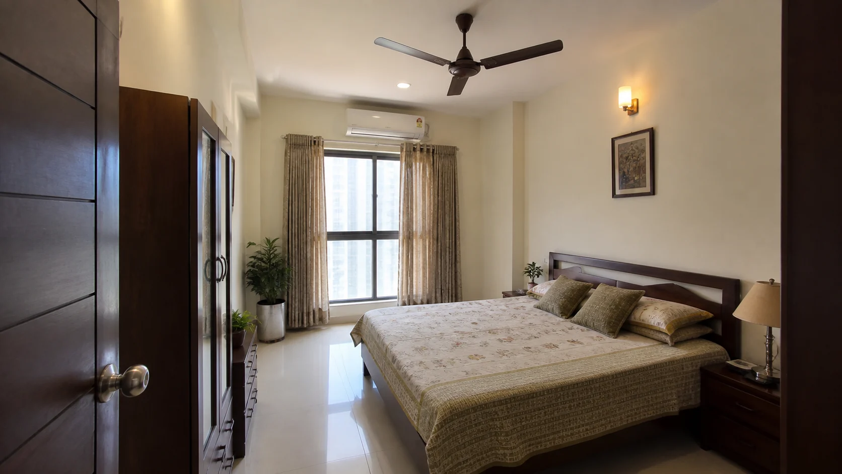 Realistic Indian apartment bedroom with ceiling fan placed safely above the room and balanced with bed, window and lights