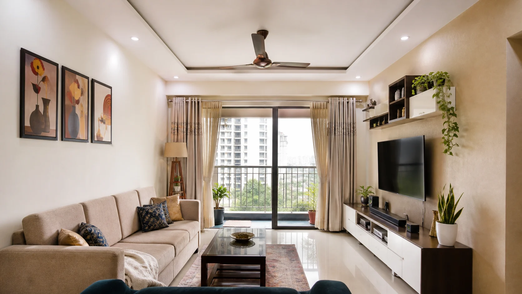 Realistic Indian apartment living room with ceiling fan aligned to sofa seating, TV wall, balcony light and safe blade clearance