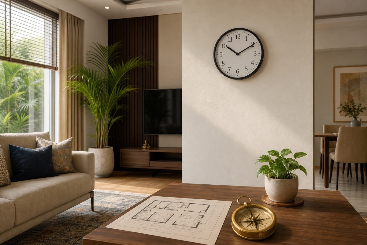 Realistic Indian living room with wall clock, floor plan and compass for Clock Vastu guidance