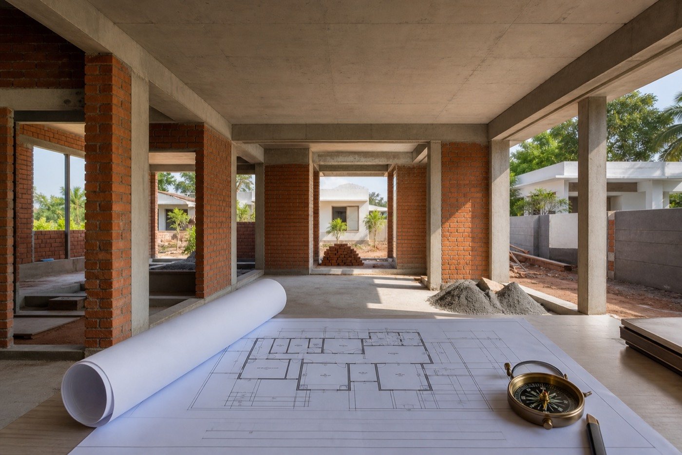 Realistic Indian home under construction with floor plan and compass