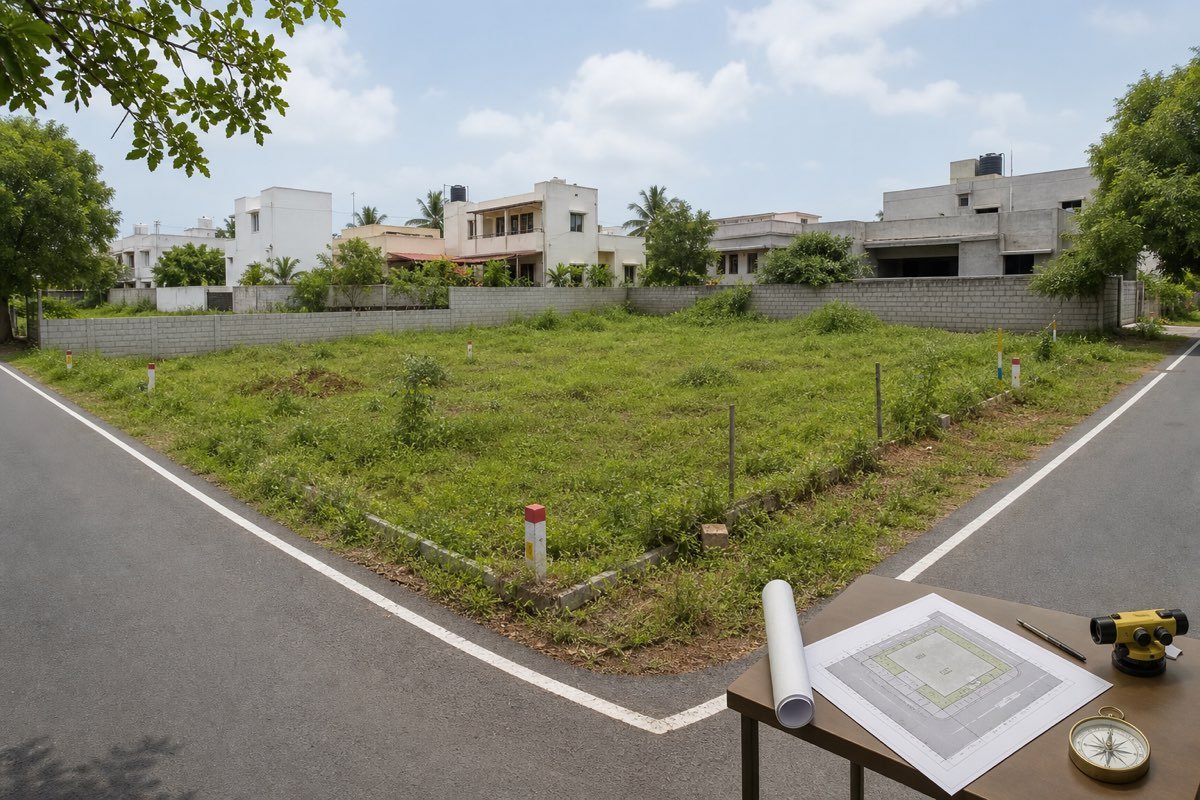 Realistic Indian corner residential plot with two roads and planning compass