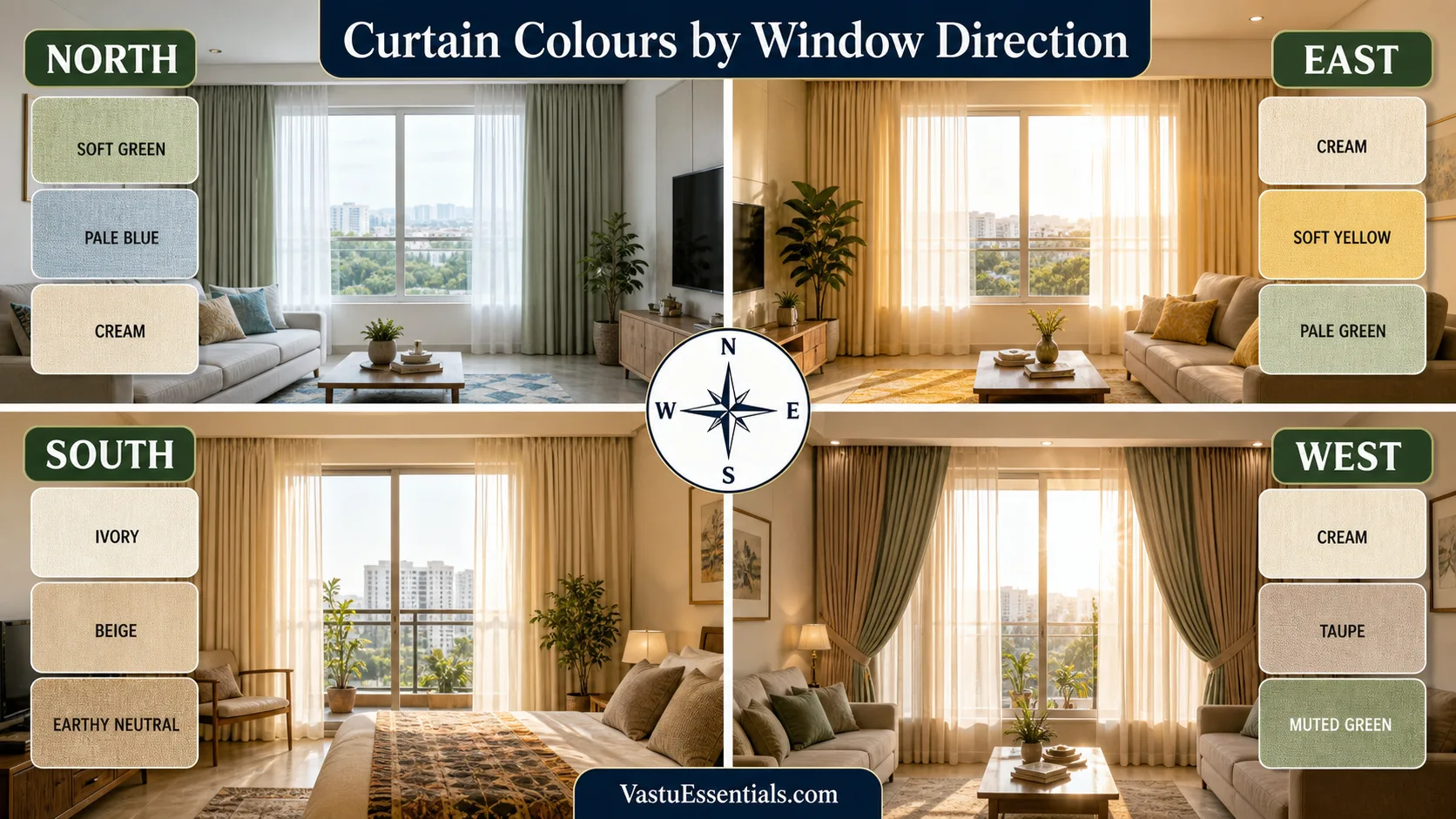 Four realistic Indian rooms comparing North, East, South and West window daylight with labelled curtain colour families and an accurate compass