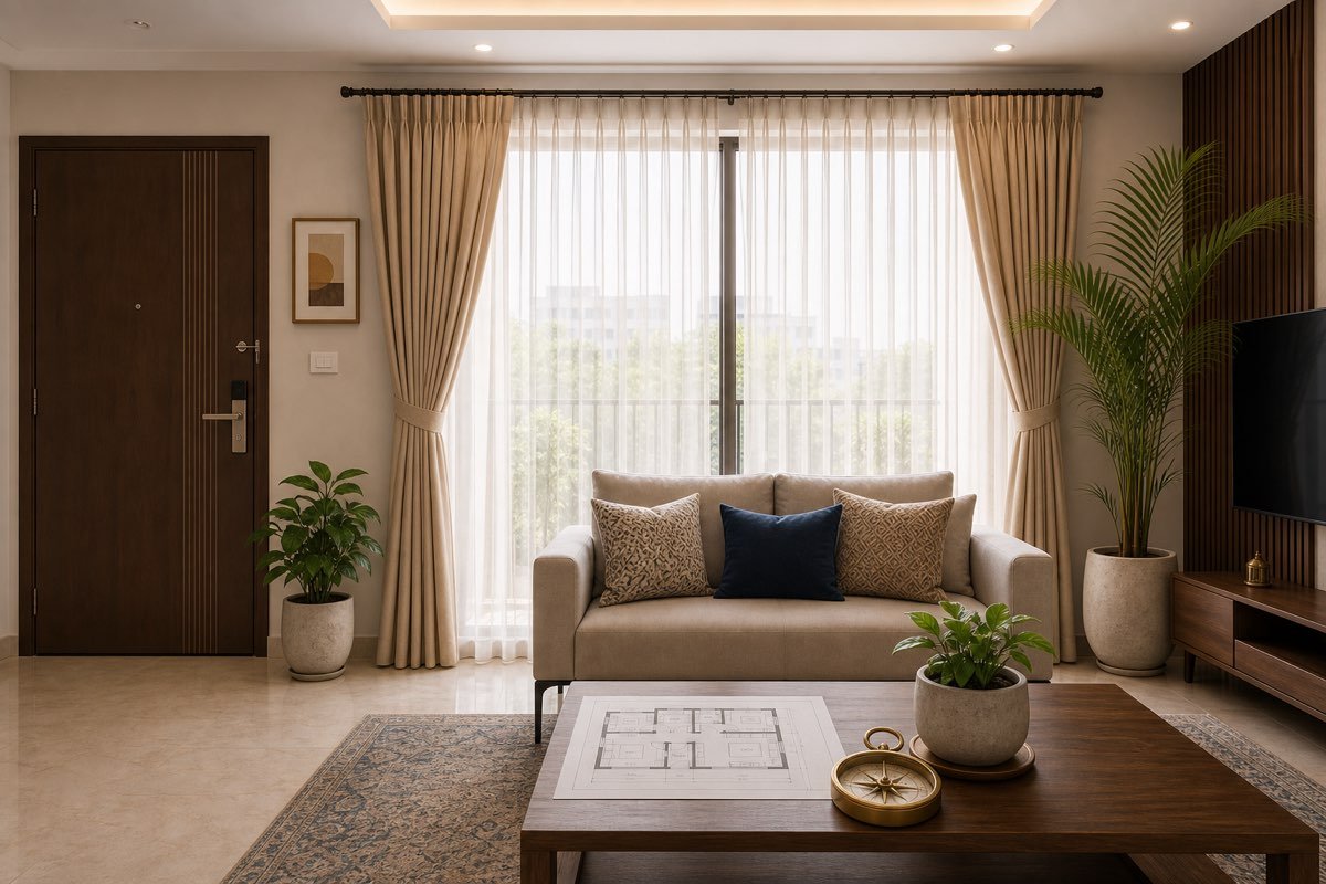 Modern Indian living room with light curtains, window, main door, plants, floor plan and compass