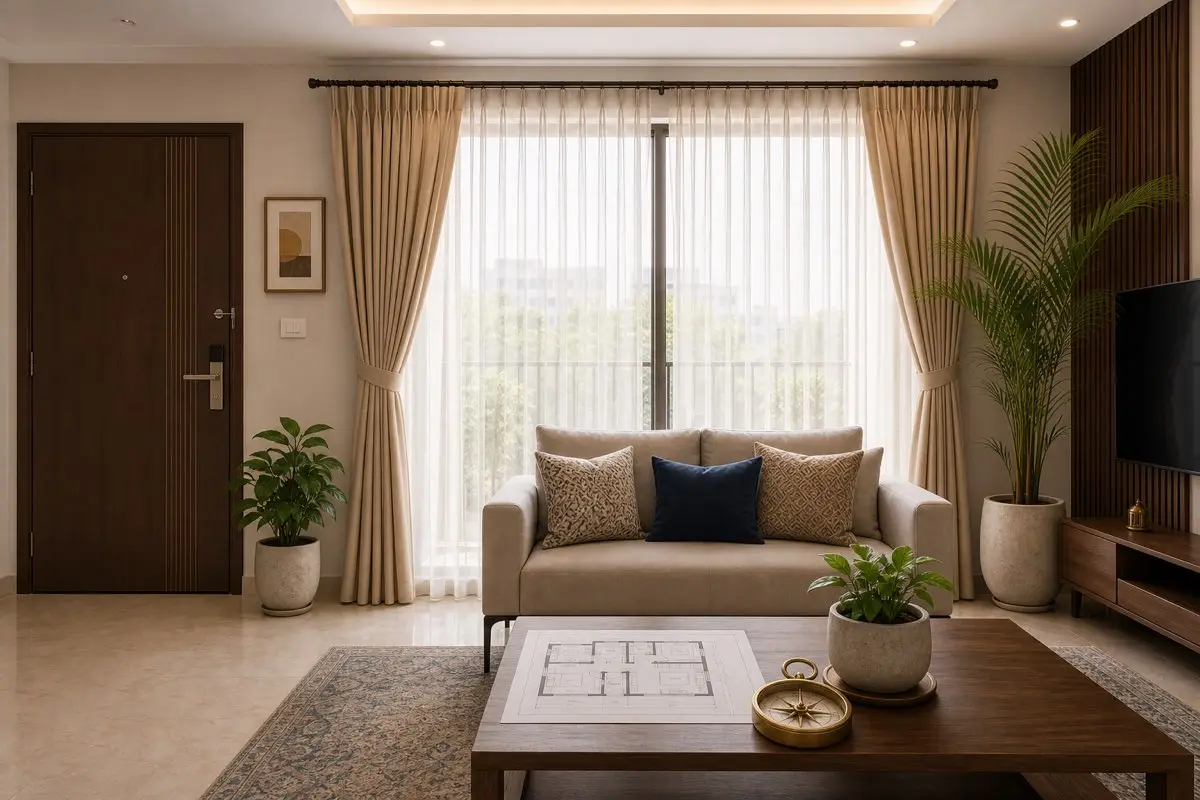 Modern Indian living room with light curtains, window, main door, plants, floor plan and compass