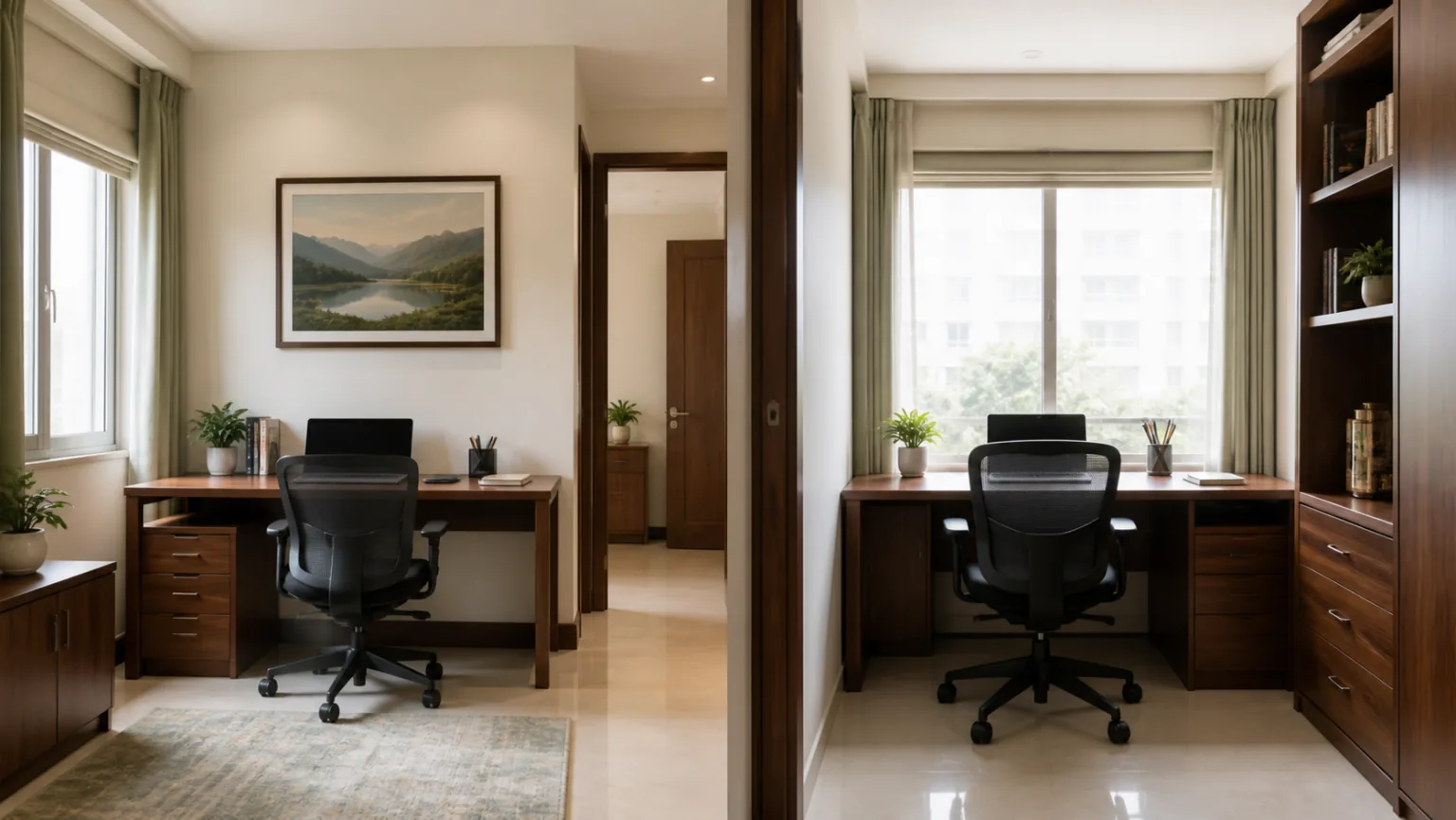 Realistic comparison of a home office desk facing a calm wall and another desk placed directly in front of a bright window
