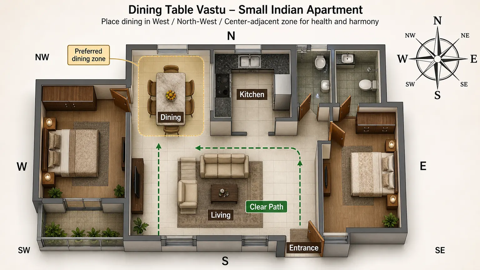 Realistic floor plan chart showing dining table placement near kitchen with clear movement path and compass directions