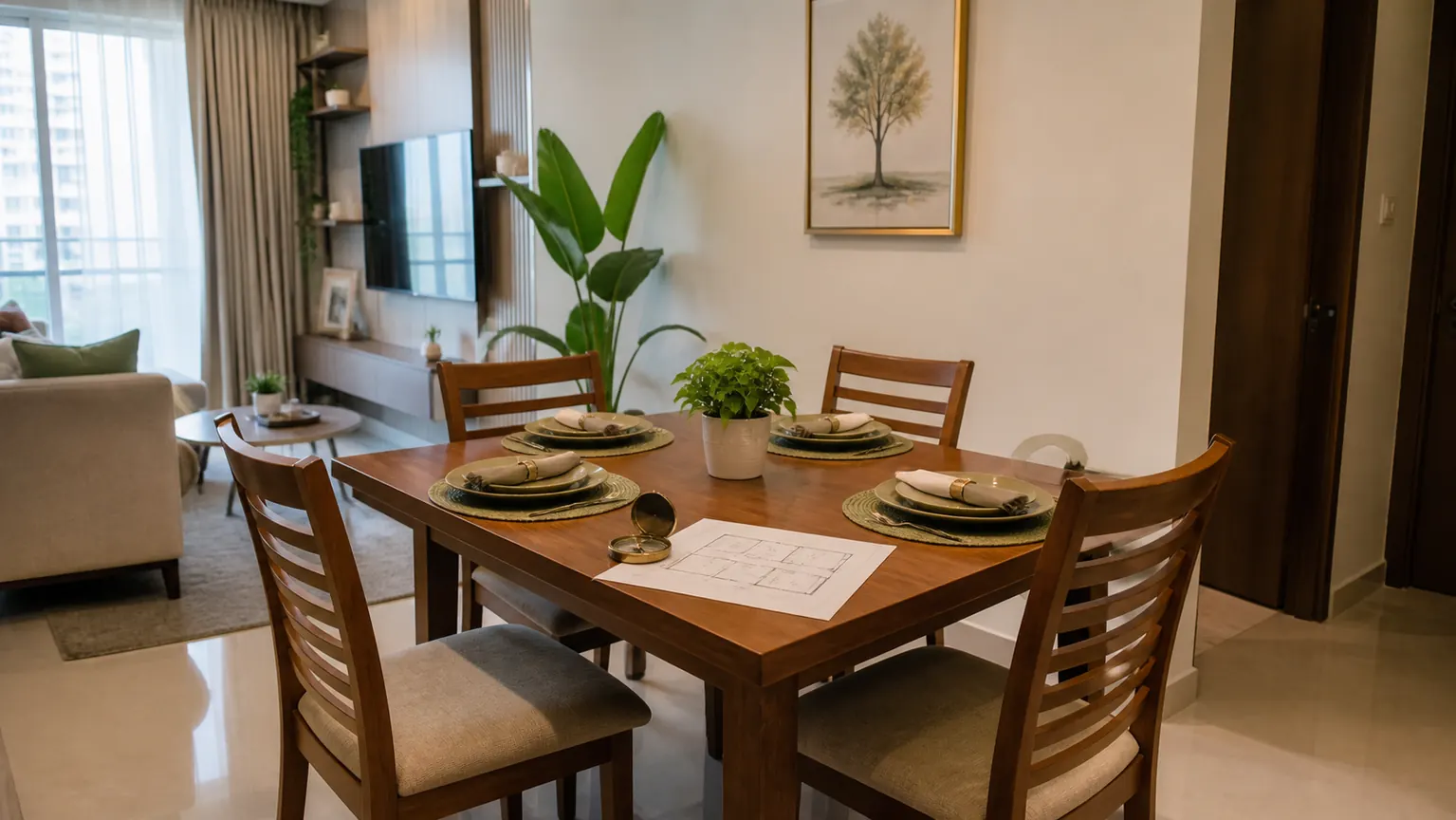 Realistic small Indian apartment dining table with wood finish, calm lighting, plant and practical Vastu planning materials