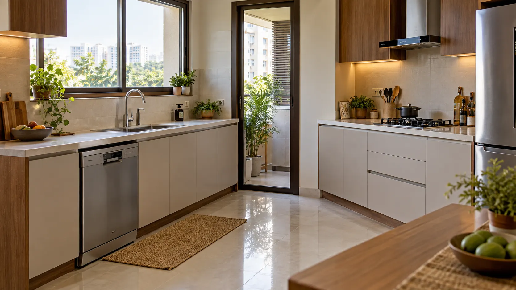 Modern Indian apartment kitchen with a built-in dishwasher beside the sink and separated from the cooking hob