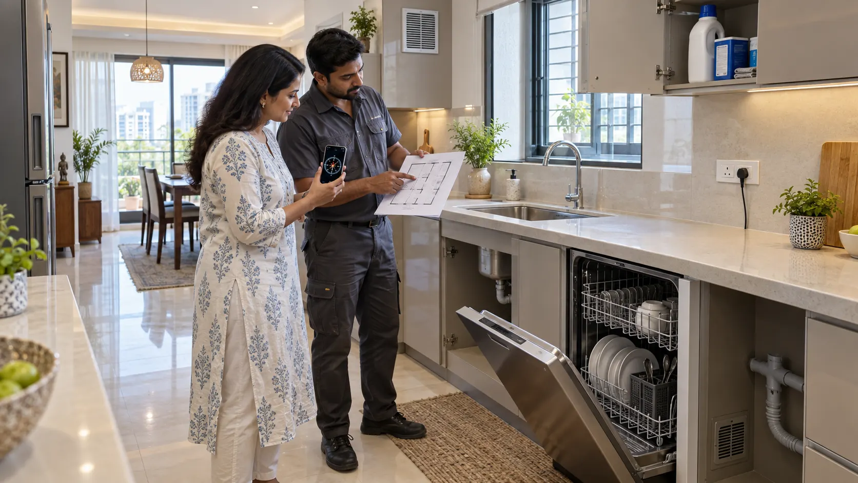 Indian homeowner and kitchen installer checking dishwasher placement, floor plan, plumbing and door clearance