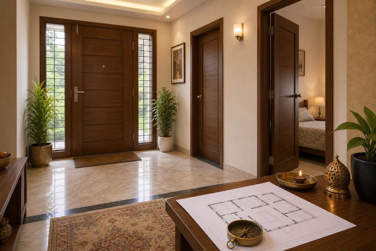 Realistic Indian home foyer with wooden main door, interior doors, floor plan and compass