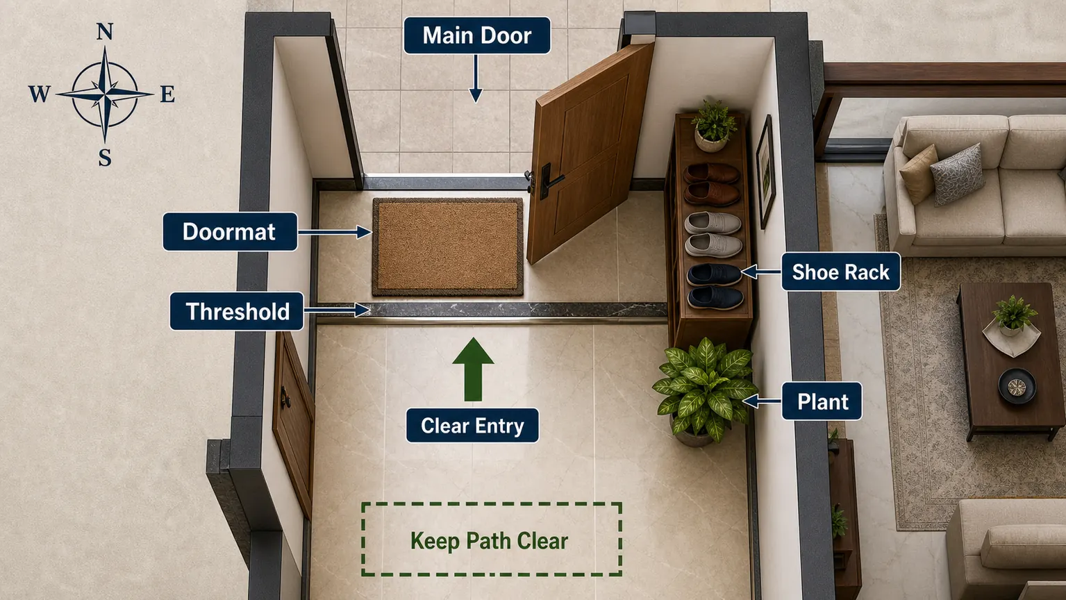 Realistic apartment entrance floor plan showing main door, doormat, threshold, shoe rack, plant and clear entry path
