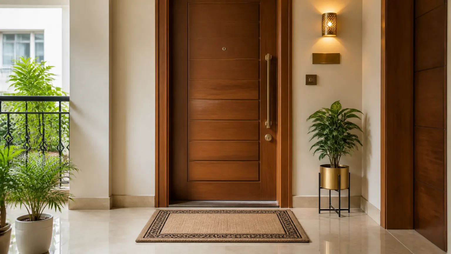 Realistic Indian apartment main entrance with clean doormat, wooden door, plant and warm lighting