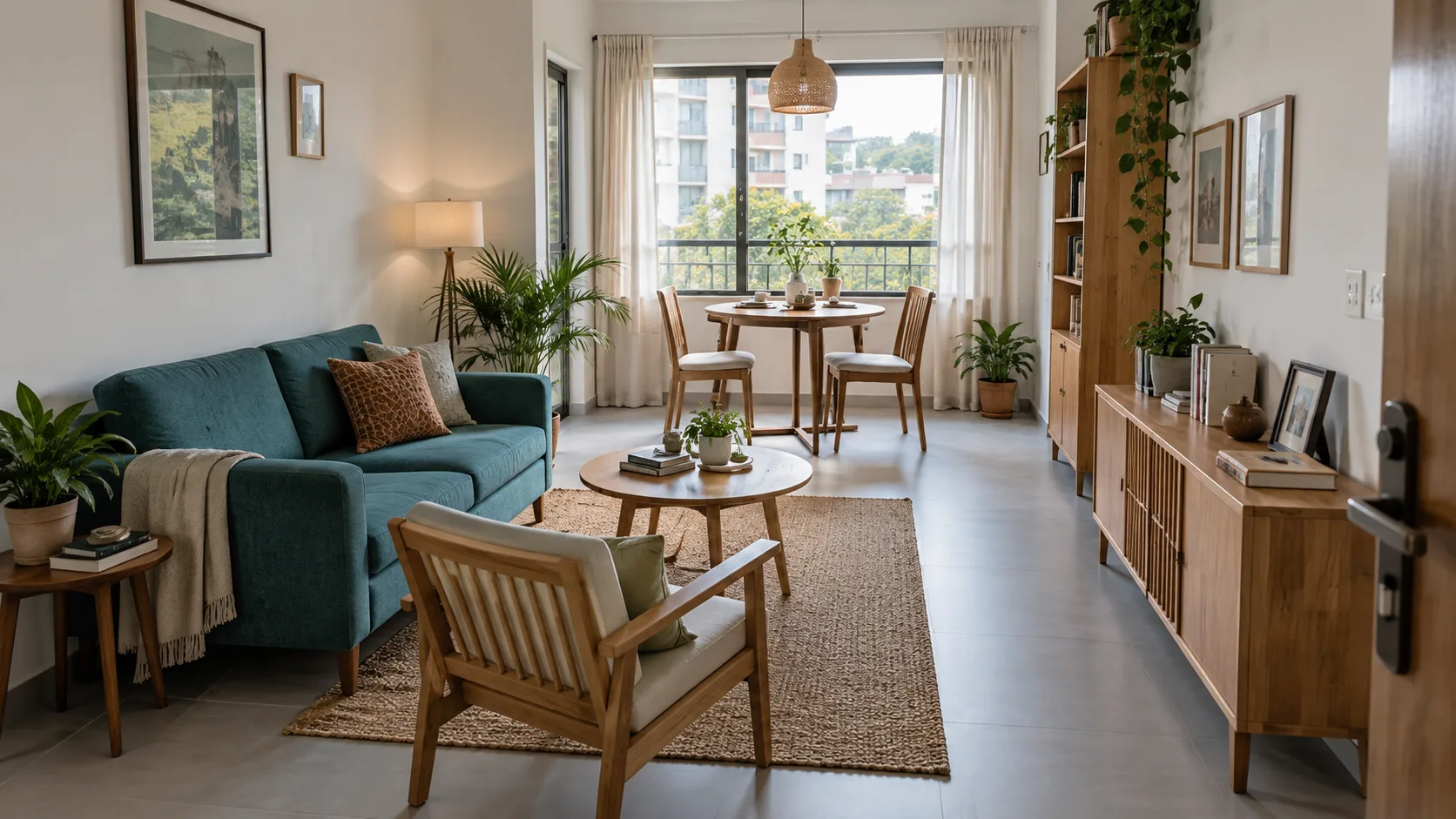 Compact living room with a teal sofa, wooden chair, small dining table and a route beside the furniture