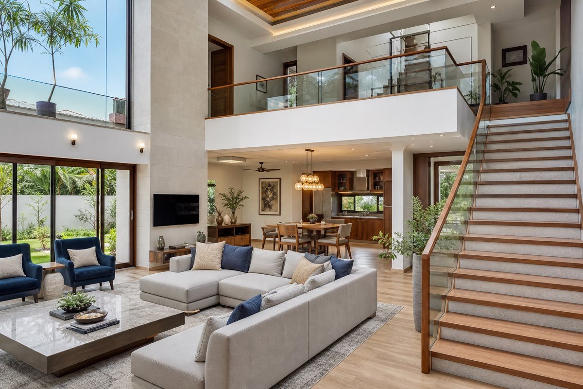 Realistic modern Indian duplex interior with staircase and double-height living room