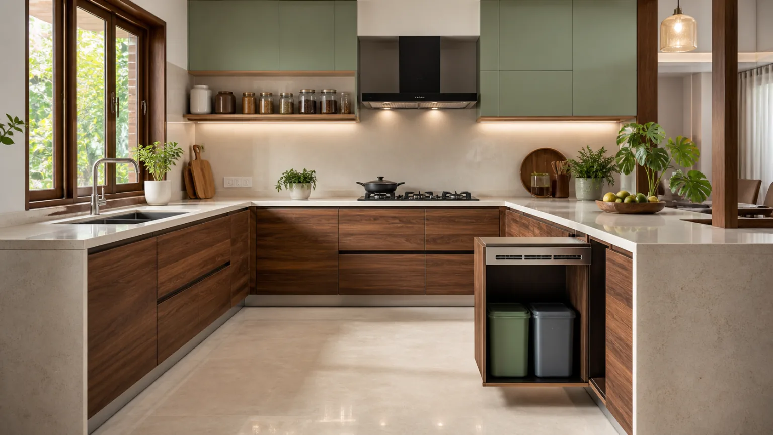 Realistic Indian modular kitchen with two covered waste bins in a ventilated pull-out lower cabinet