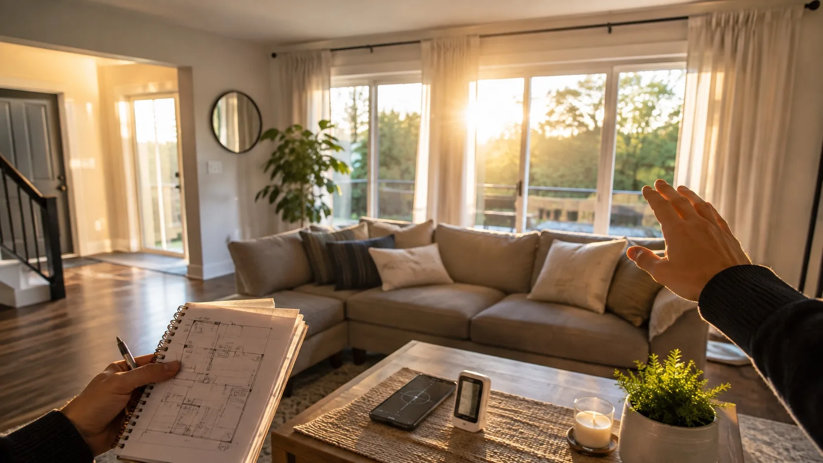 Buyer reviewing afternoon glare and comfort in a west facing living room with floor plan and compass notes
