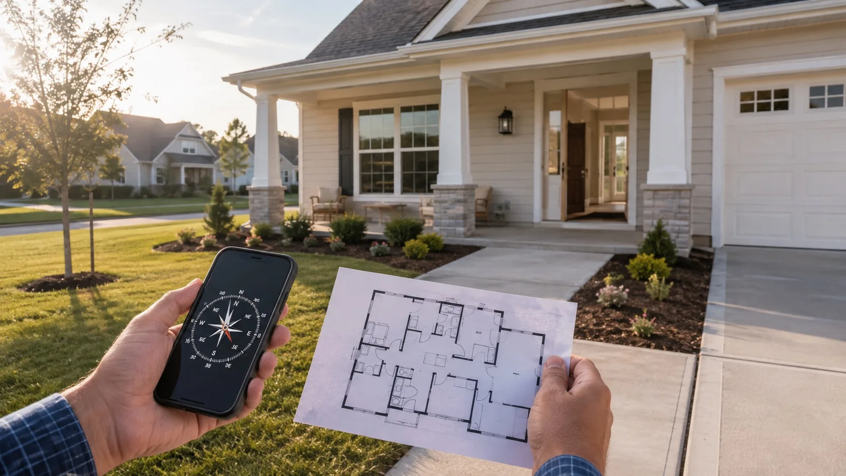 USA home buyer checking an east facing entrance with phone compass and floor plan in morning light