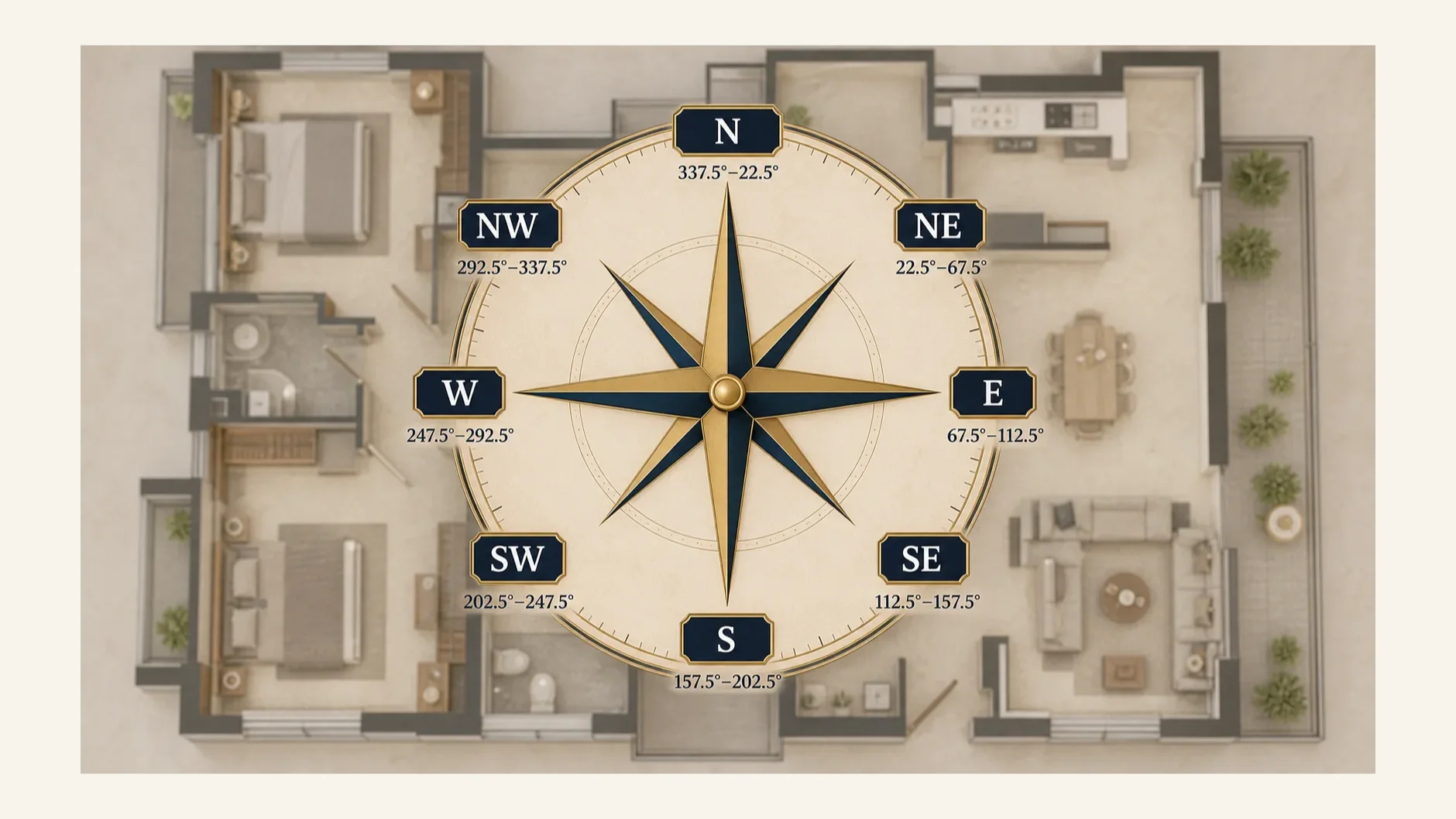 Realistic eight-direction Vastu compass chart for checking home direction