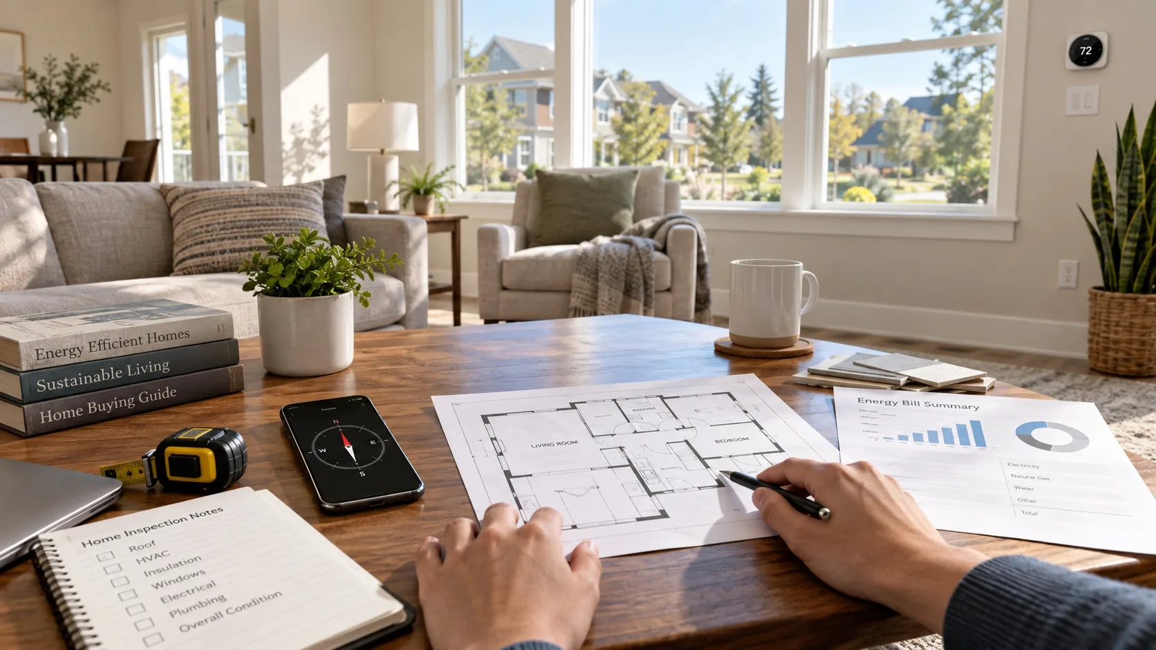 Home buyer reviewing floor plan compass inspection notes and energy bill summary in a bright living room