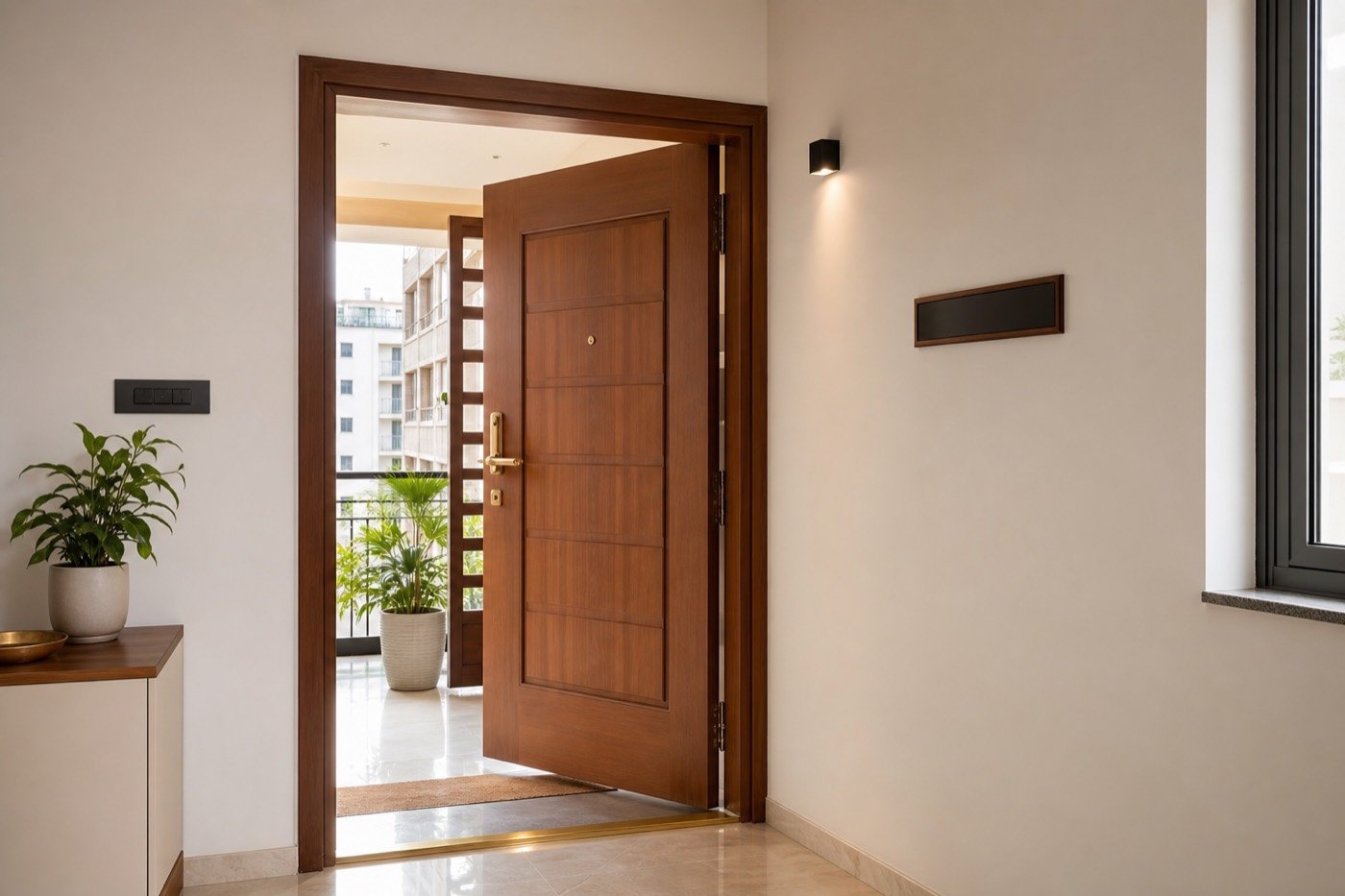 Realistic modern Indian apartment entrance for main door pada Vastu