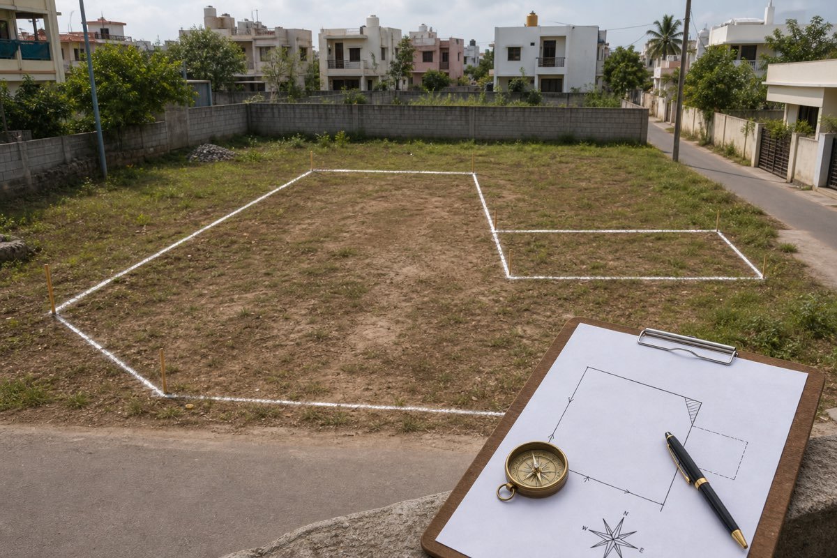 Realistic Indian plot with cut corner and extension marked by survey pegs and planning compass
