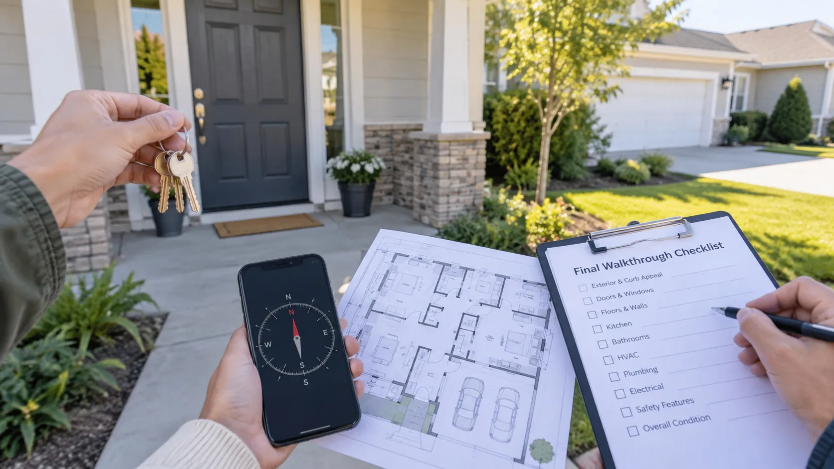 Home buyer holding keys compass floor plan and final walkthrough checklist at the main entry