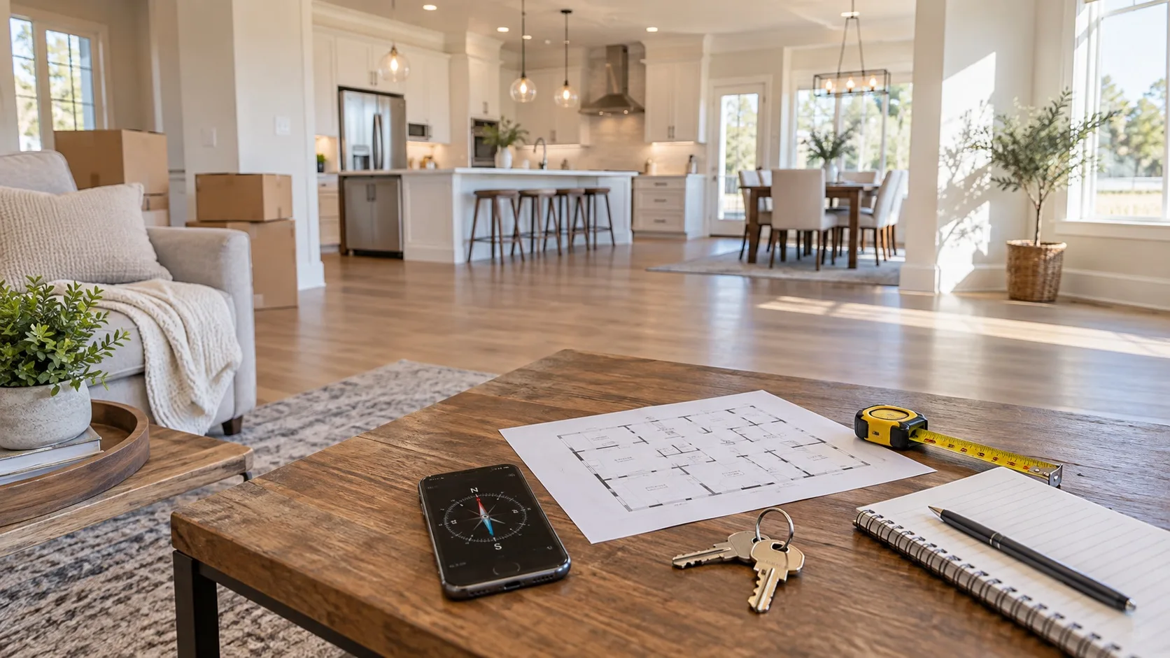 Final walkthrough interior with keys compass floor plan measuring tape and open kitchen living room flow