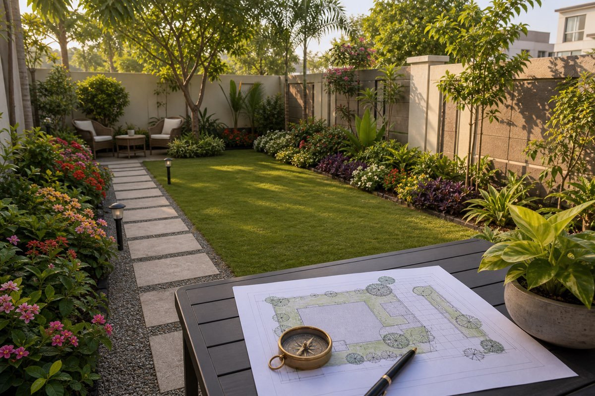 Realistic Indian home garden with pathway, flowers, trees, boundary wall, seating, floor plan and compass