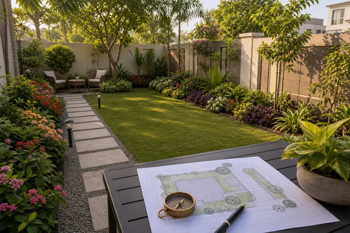 Realistic Indian home garden with pathway, flowers, trees, boundary wall, seating, floor plan and compass