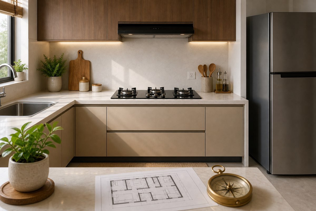 Realistic Indian modular kitchen with gas stove, safe counter layout, floor plan and compass