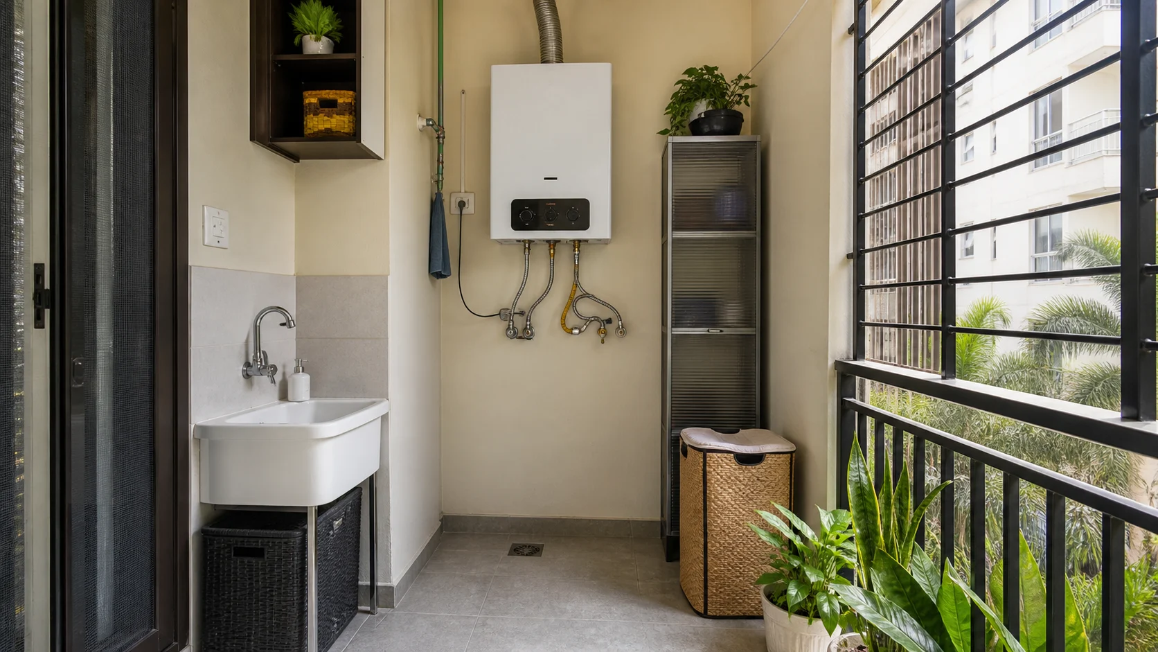 Realistic Indian apartment utility balcony with water heater on ventilated service wall and clear maintenance access
