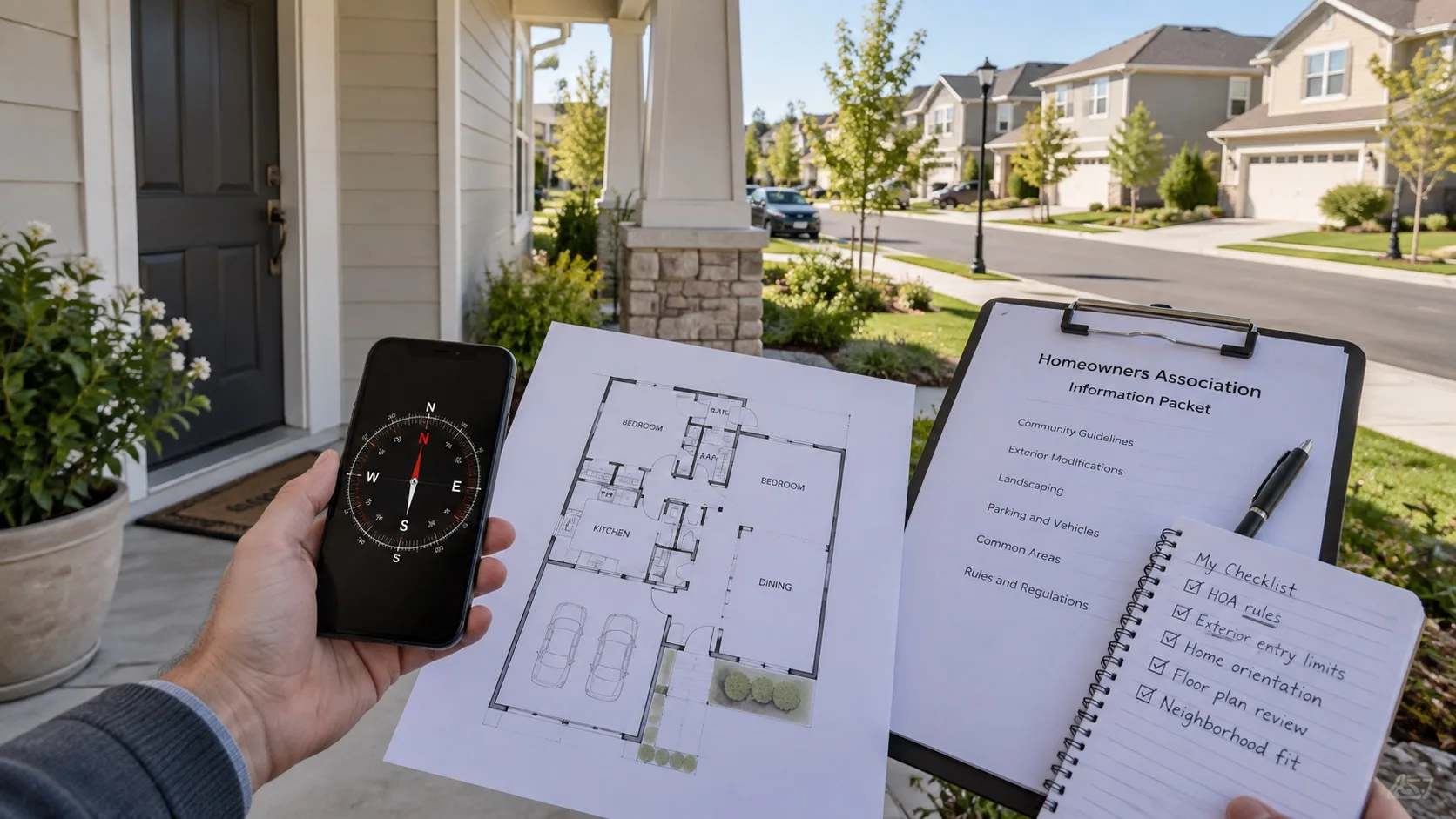 Home buyer reviewing HOA papers floor plan and compass at a USA community entrance