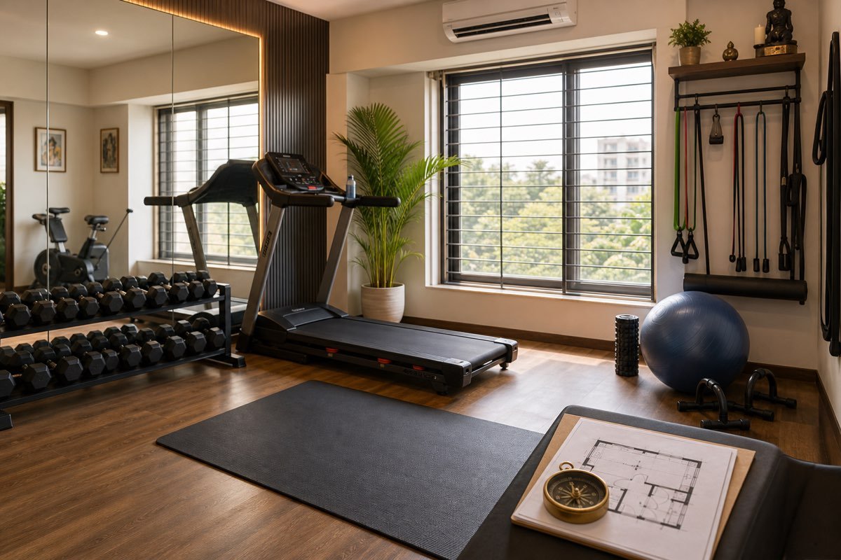 Realistic modern Indian home gym with treadmill, dumbbells, mirror, floor plan and compass