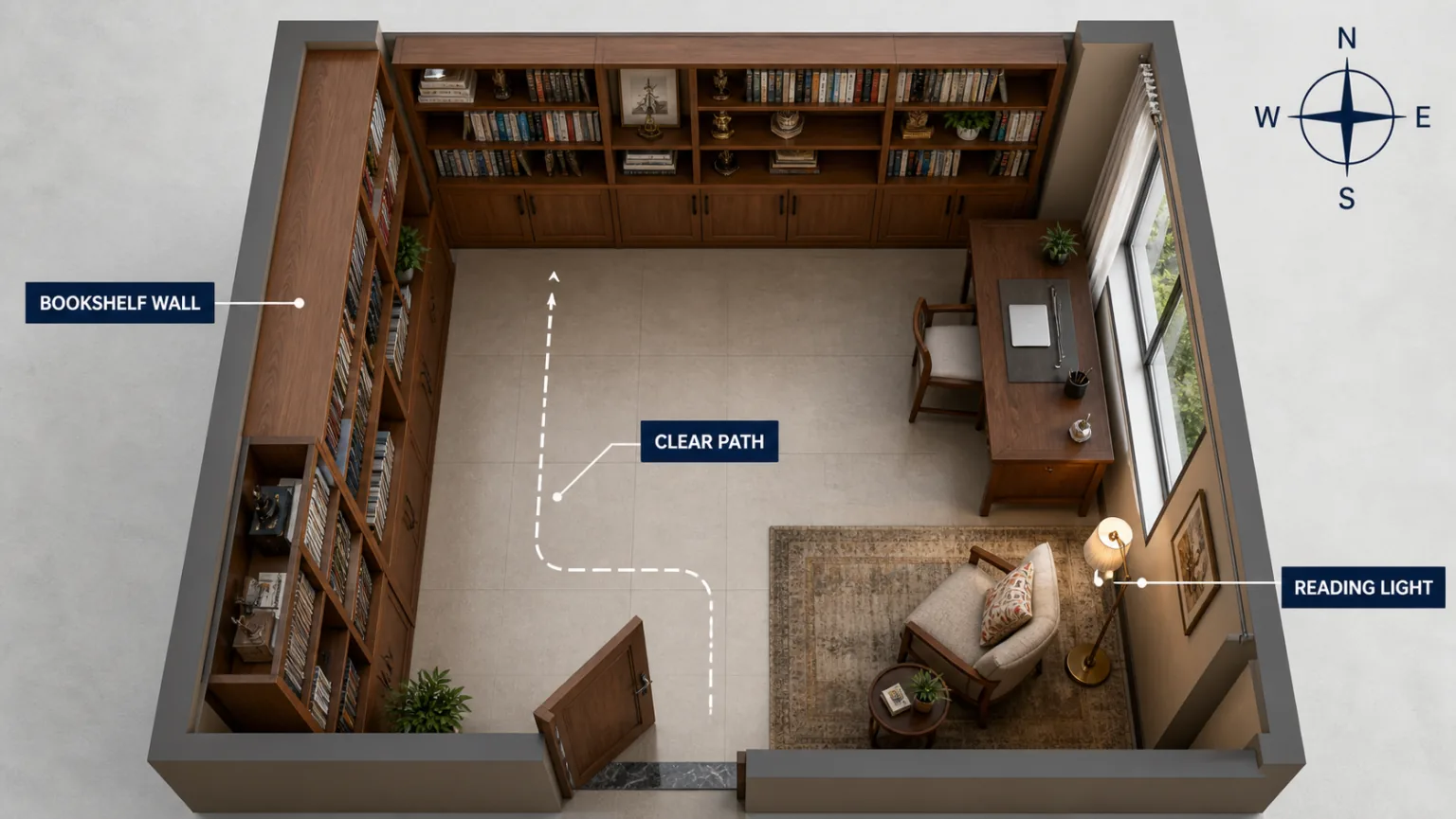 Realistic top-down home library showing bookshelf wall, clear walking path, reading light and accurate compass directions