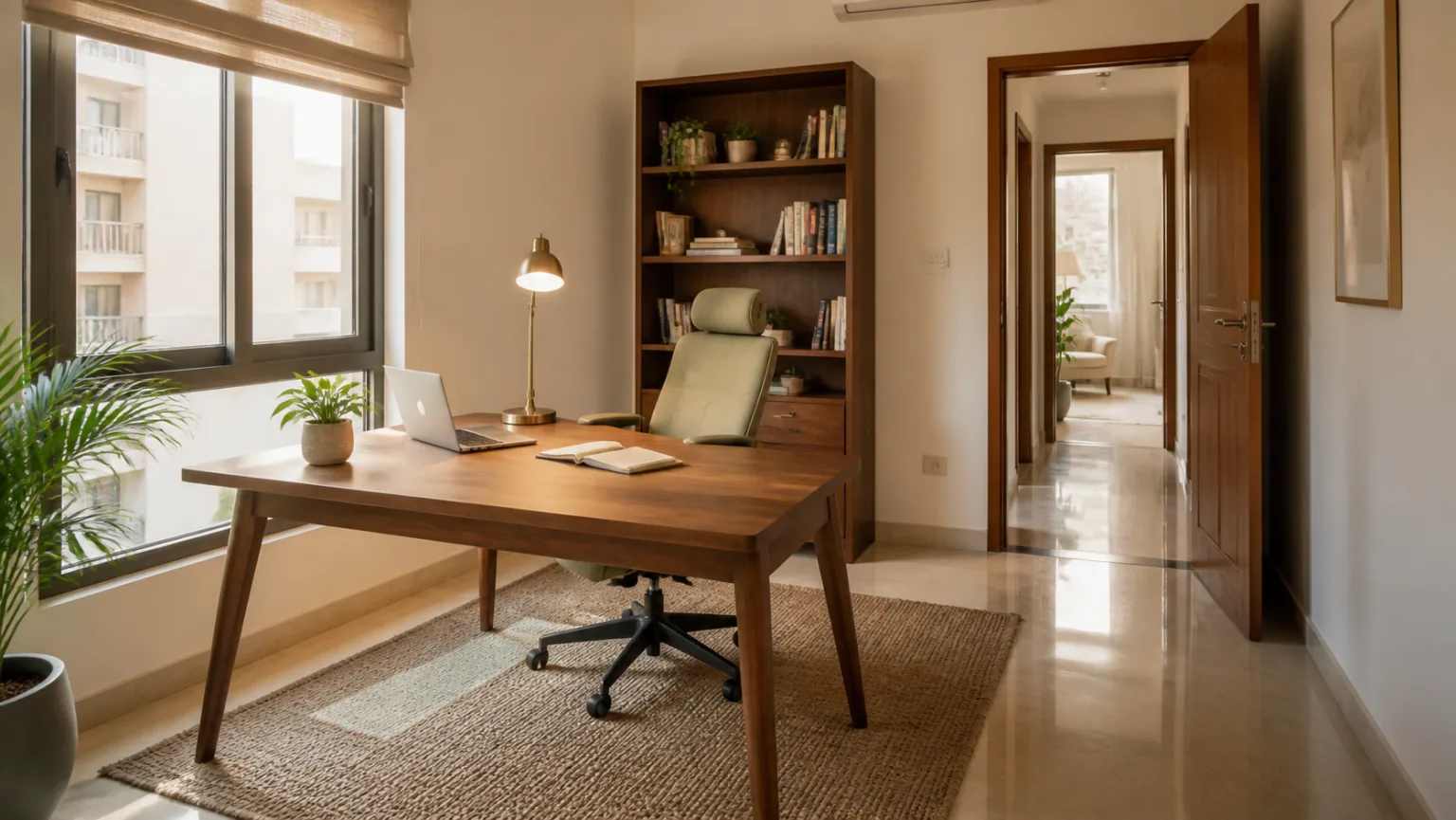 Realistic modern Indian home office with wooden desk, side window daylight, bookshelf and clear doorway