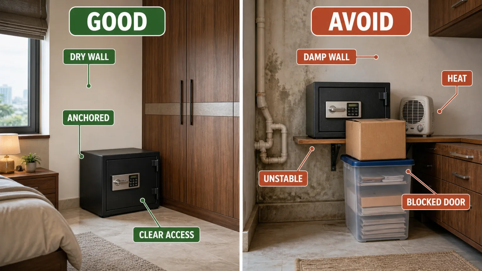 Realistic comparison of a safe correctly anchored against a dry wall and unsafe placement near damp plumbing, heat, weak shelving and blocked access